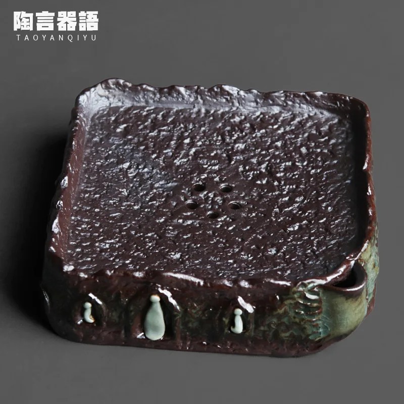 Wood burning fire marks glaze Dunhuang ancient rhyme square teapot base retro pottery embossed water storage tea holder pad