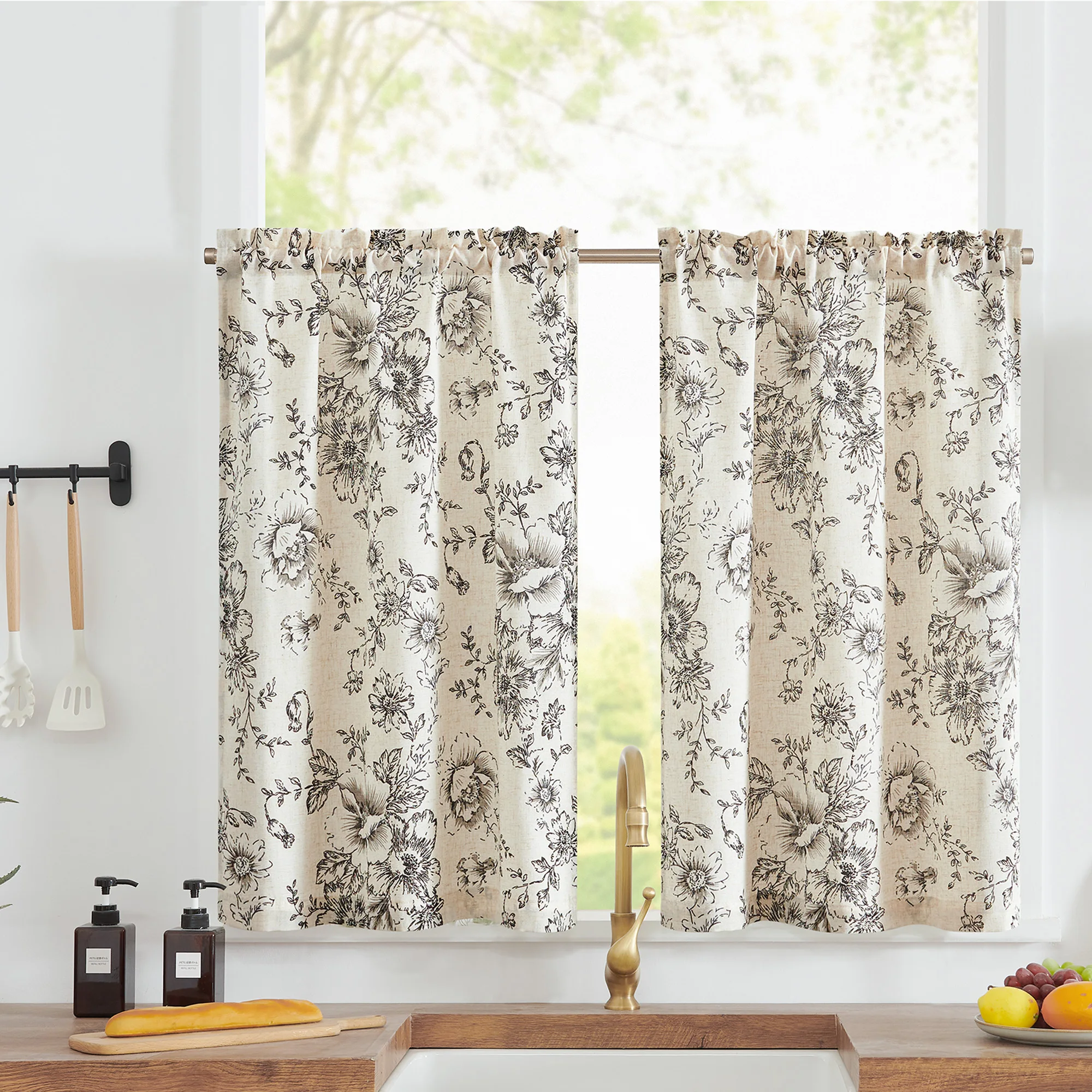 

JINCHAN Kitchen Curtains Linen Floral Tier Curtains Farmhouse Botanic Cafe Curtains Small Window Curtains 2 Panels