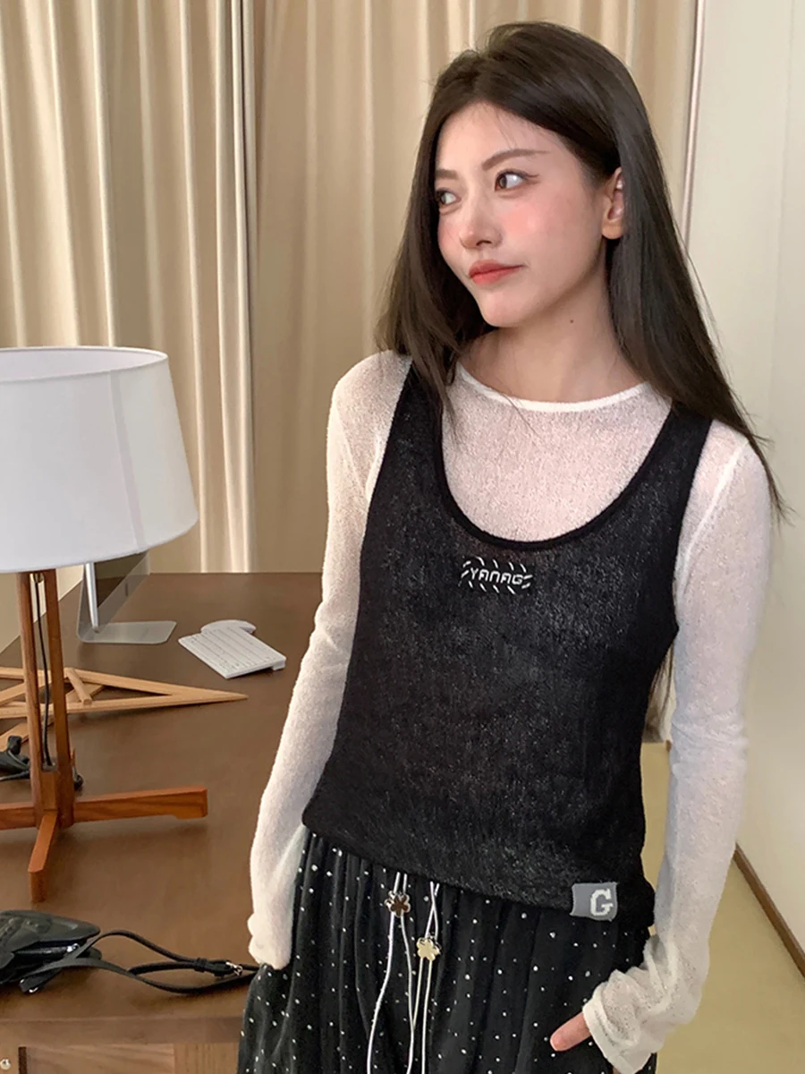 

5YANAG Summer New Bla White Contrast Color Vest Long Sve T-irt True Two-Piece Logo Decoration Commute Sle Korean Ver...