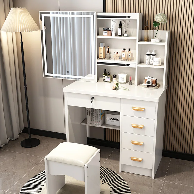 

Small Vanity Desk Dressing Table Makeup Vanity Desk Modern White Light Mirror 6 Drawers Stool Set Storage Organizer Bedroom