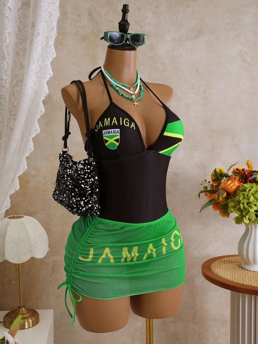 Women Jamaica Flag Print Halter One Piece Swimsuit Deep V Neck High Cut Slim Swimwear Summer Beach Vacation Bathing Suit