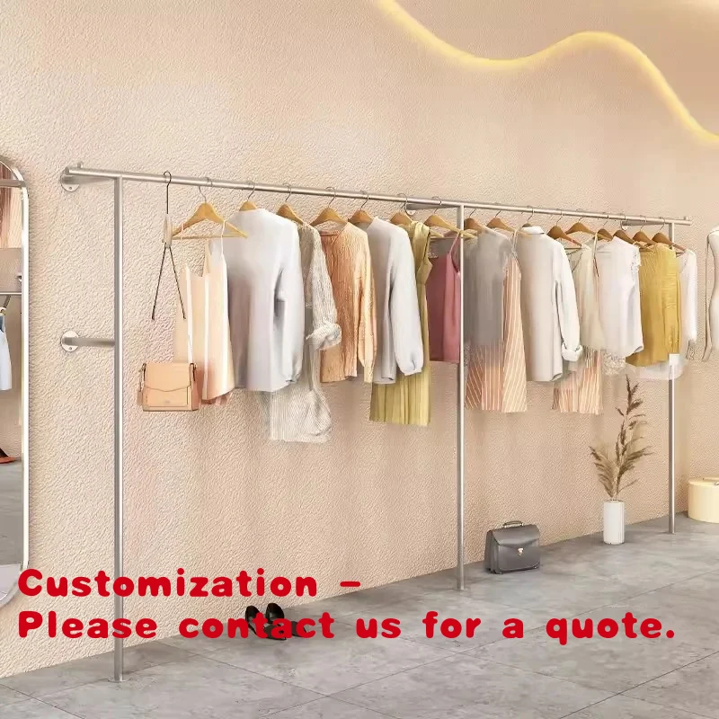 custom.Retail Stainless Steel Clothes Hanging Rack Metal Silver Wall Mounted Clothing Rack Boutiques