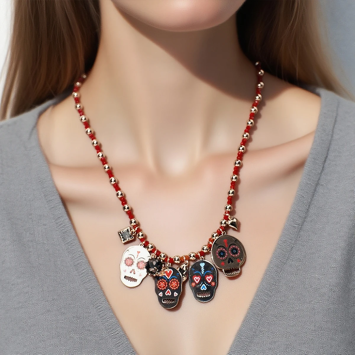 

2 Piece ZAA Halloween Personality Trend Skeleton Pendant Necklaces for Women Holiday Party Jewelry Gifts Wholesale