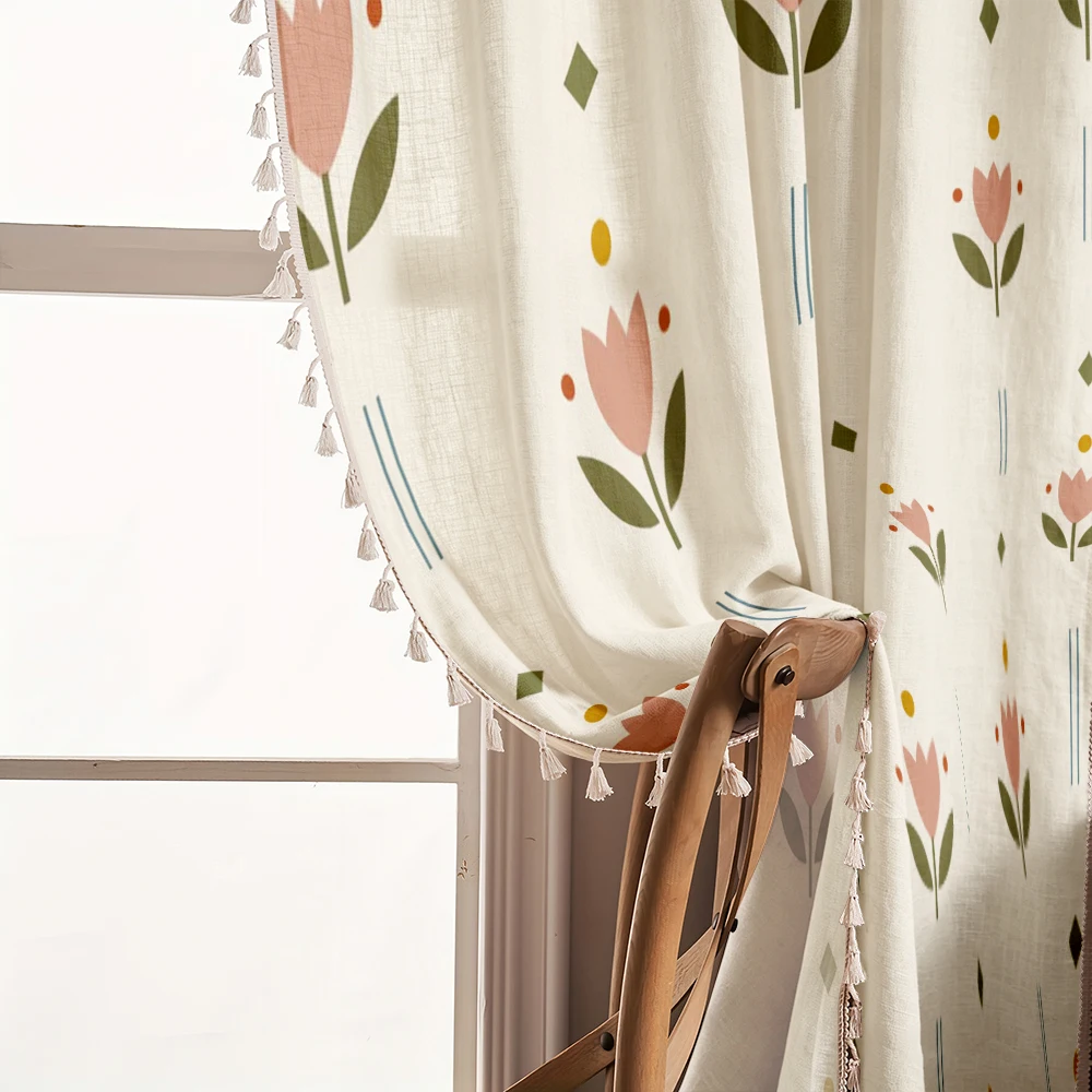 1PC Floral Tassel Sheer Curtains, Pink Tulip Green Diamond Dot Pattern, Digital Print, Linen Polyester, Bedroom Window