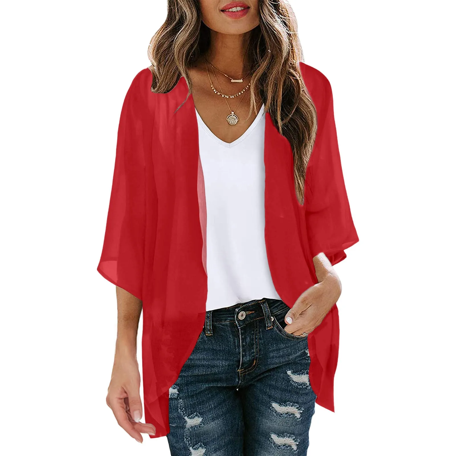 Womens Solid Elegant Puff Sleeve Chiffon Cardigan Loose Cover Up Casual Blouse Tops