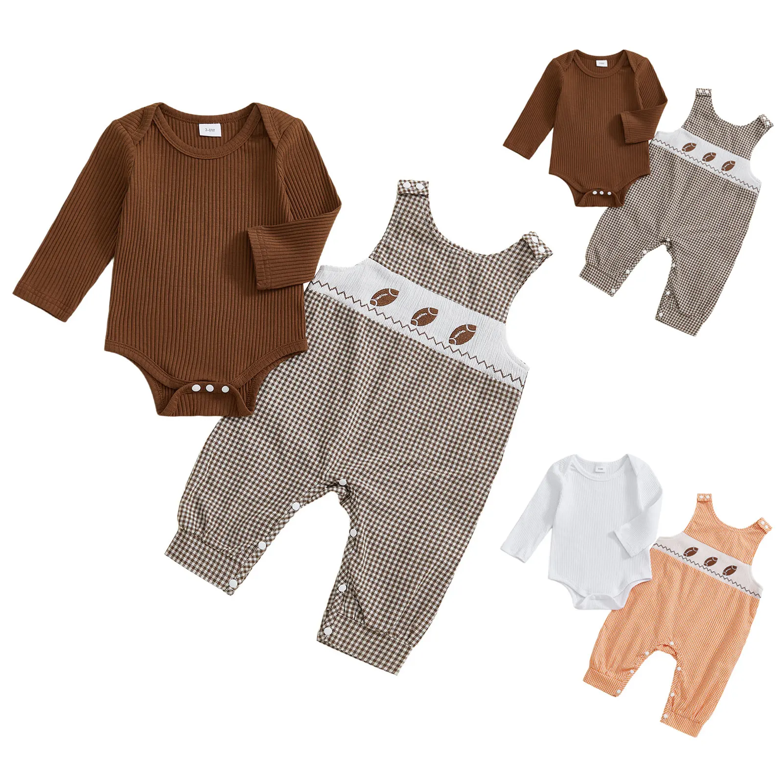 

Baby Boy And Girl Outfit Set Long Sleeve Ribbed Bodysuit Plaid Rugby Print Suspender Pants Casual Two Piece Set Toddler Clothing