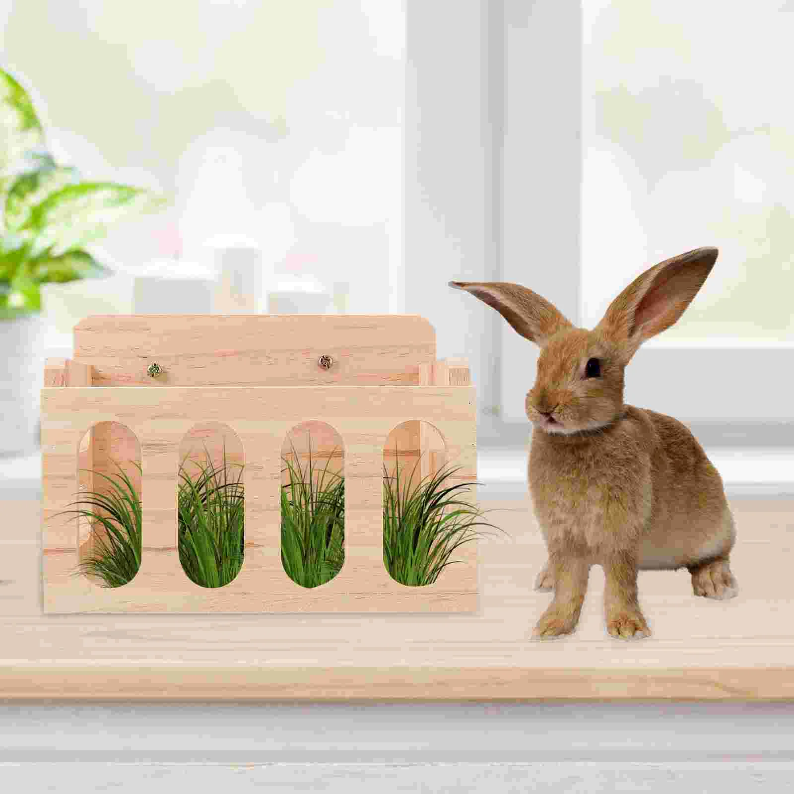 Rabbit Grass Stand Bunny Feeder Small Pet Kitten Food Supplies Milk Dispenser Animal Cage Container Wooden Bowl Rack