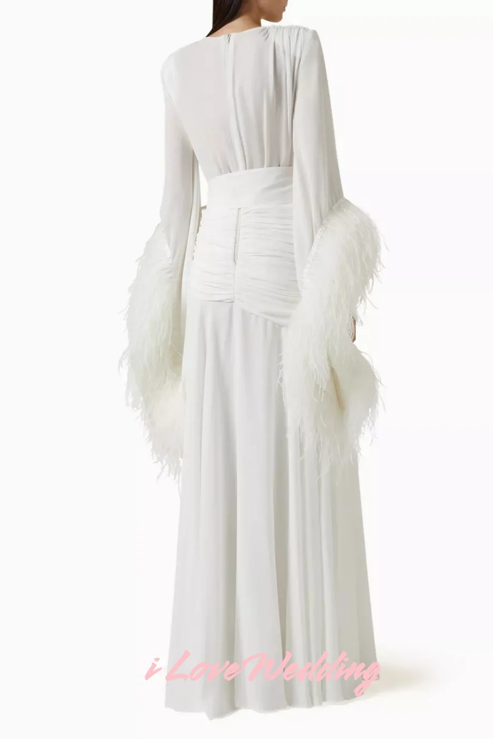 Vestido de noche blanco con cuello en V, gasa, manga larga, plumas, corte en A, abertura lateral, largo hasta el suelo, plisado, vestido de fiesta de boda personalizado, 2025