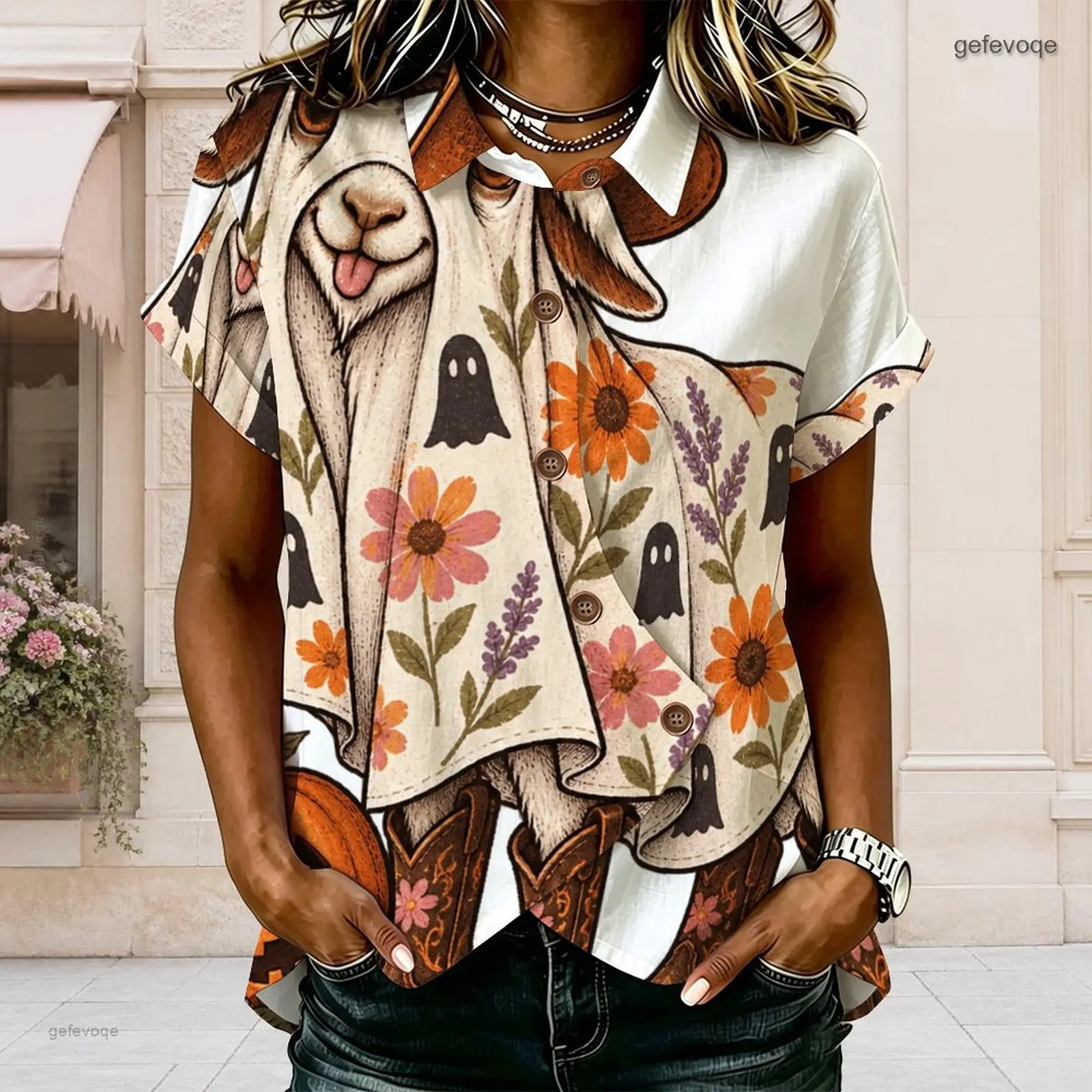 Women Collared Short Sleeve Button Front Shirt, Printed Happy Goat Floral Ghost Cowboy Boot Pattern
