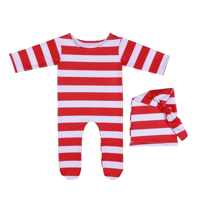 

Christmas Costume Newborn Baby Photography Props Outfit Red White Stripe Elf Outfits with Santa Hat Santa Clothes 0