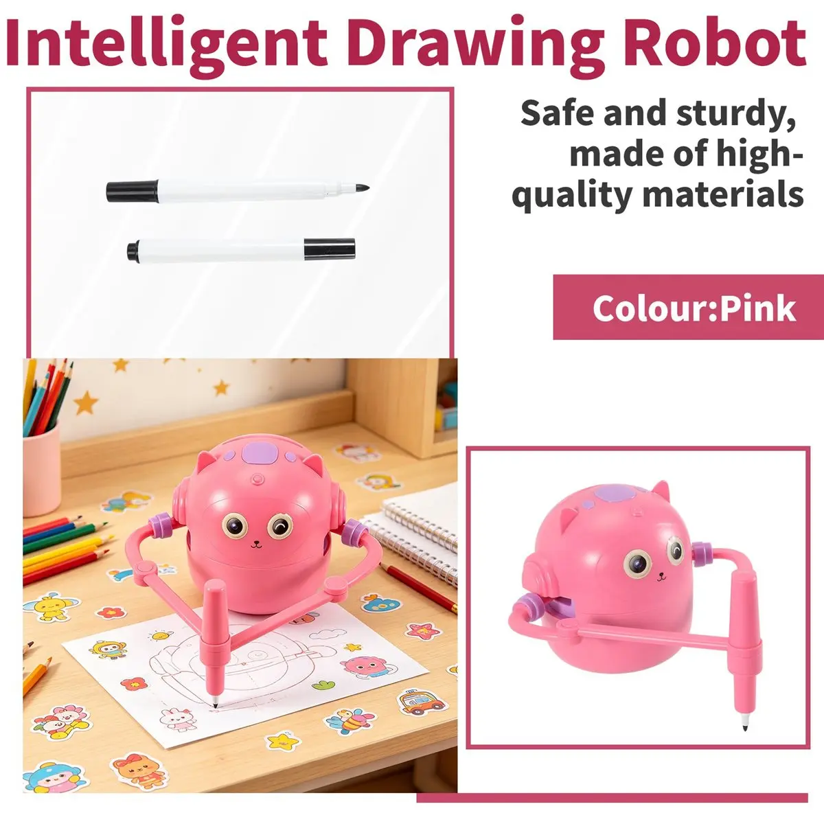 workjob Interactive Educational Drawing Robot, 100 Drawing Cards,Intelligent Drawing Robot, Early Educational Drawing Robot Pink