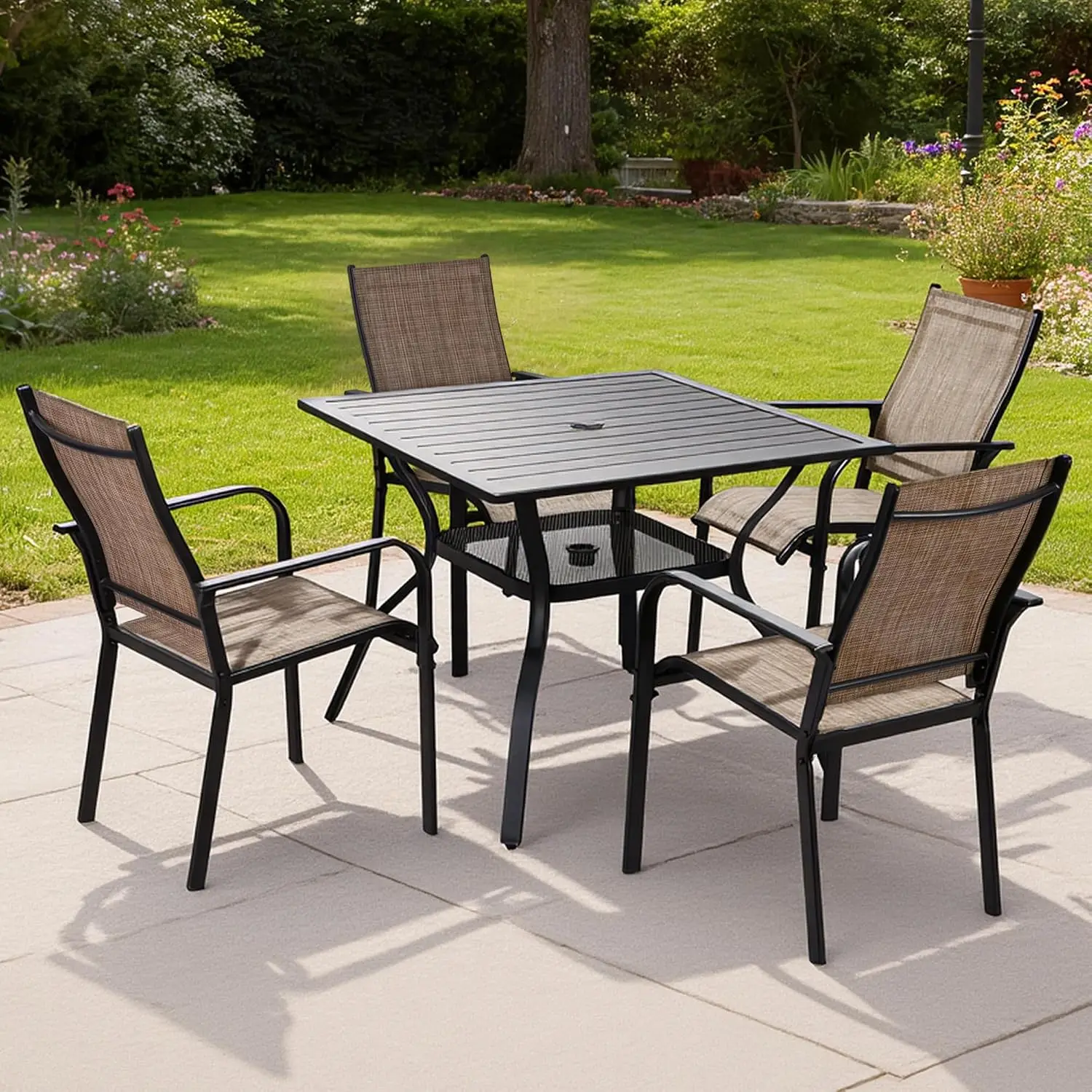 High Back Padded Textilene Dining Chairs Set of 8, Breathable Fabric Outdoor Patio Furniture, Brown, Customized