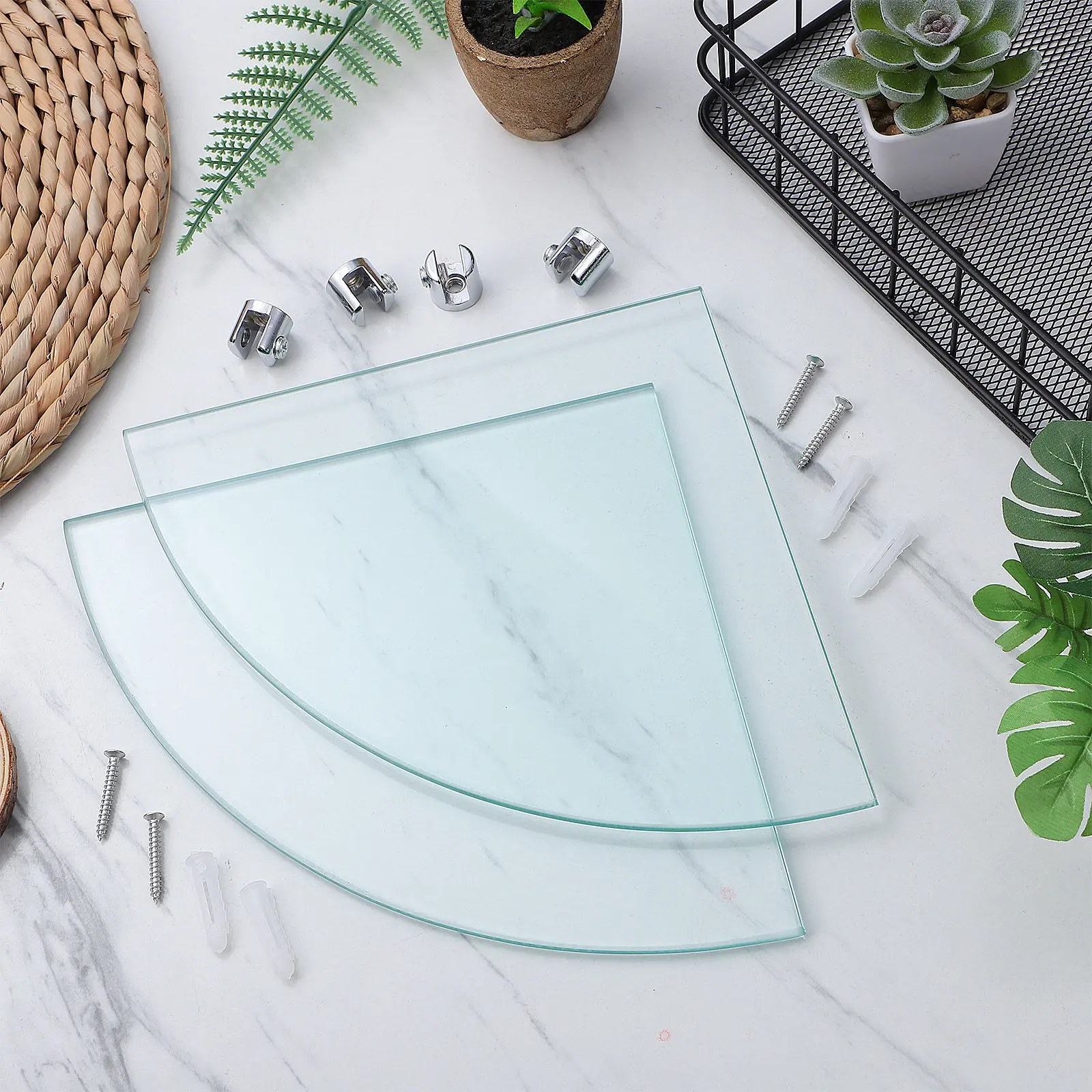 2Pcs Glass Corner Shelf Bathroom Shower Wall Shelf Corner Storage Rack for Lotion Soap Toothpaste Skin Care Tidy Countertop