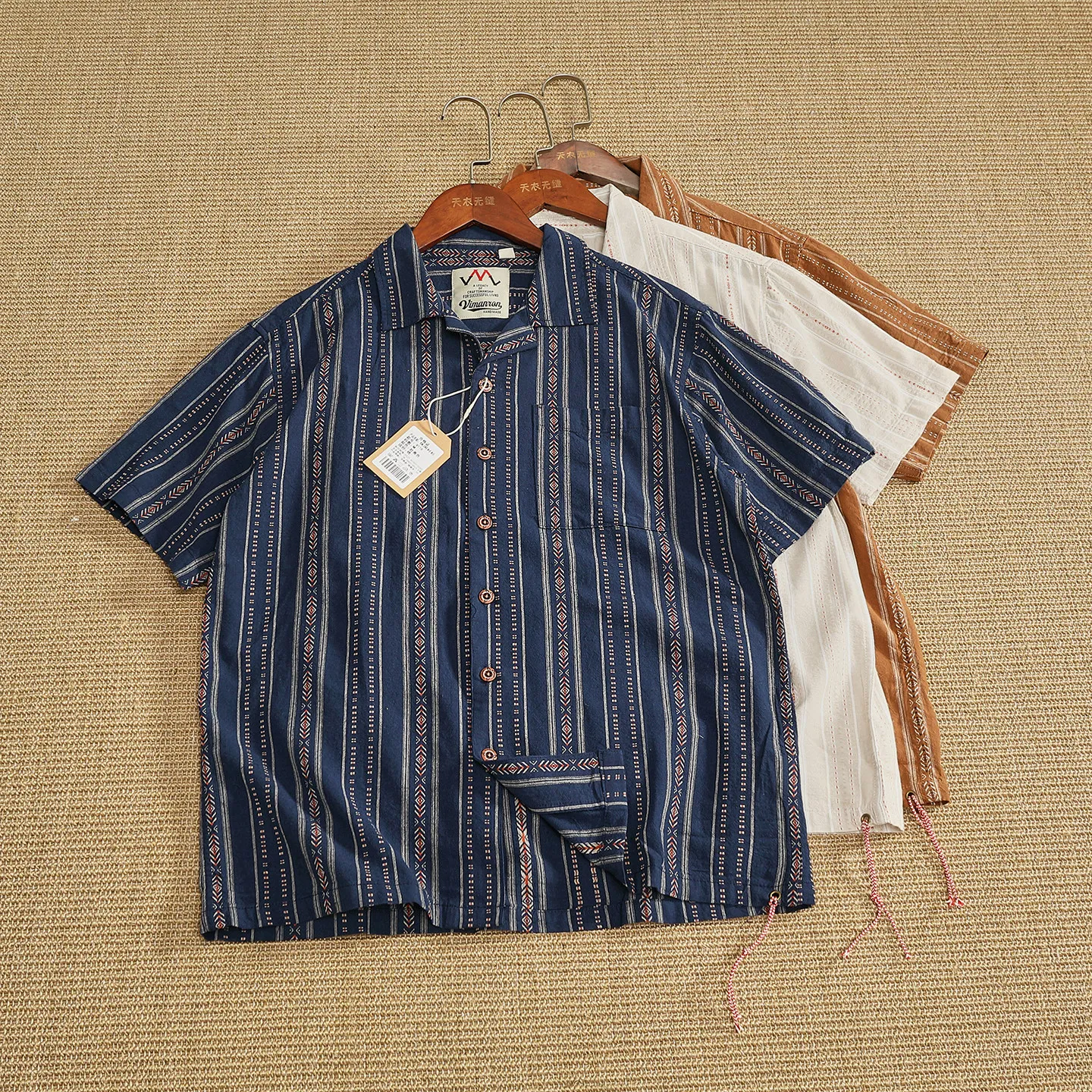 Cuban collar short-sleeved shirt for men washed striped loose breathable retro vacation casual shirt