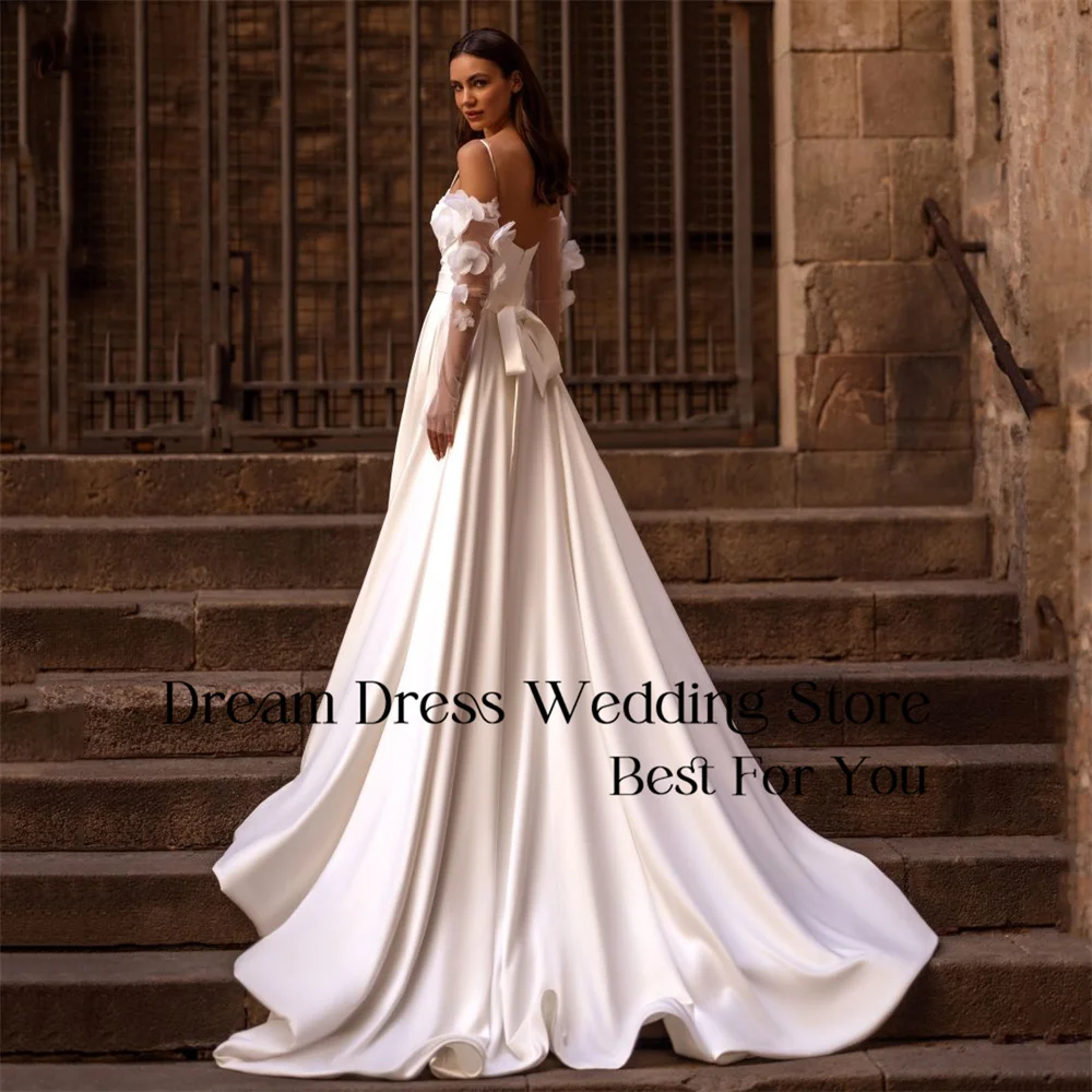 DREAM Long Sleeves A-Line Flowers Wedding Dress Satin Pleat Open Back Spaghetti Straps Bridal Gown Vestidos De Novia Customized