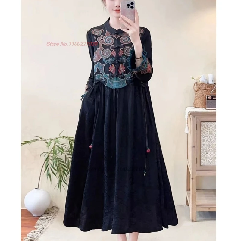 

2024 traditional chinese hanfu dress national flower embroidery ethnic sleeveless dress retro vintage jacquard a-line folk dress