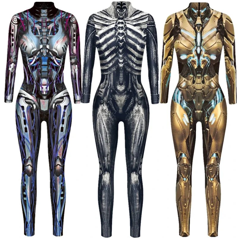 Robot Punk szkielet Cyberpunk Steampunk Sexy kombinezon Slim kostiumy Cosplay kobiety Zentai body przebranie Halloween