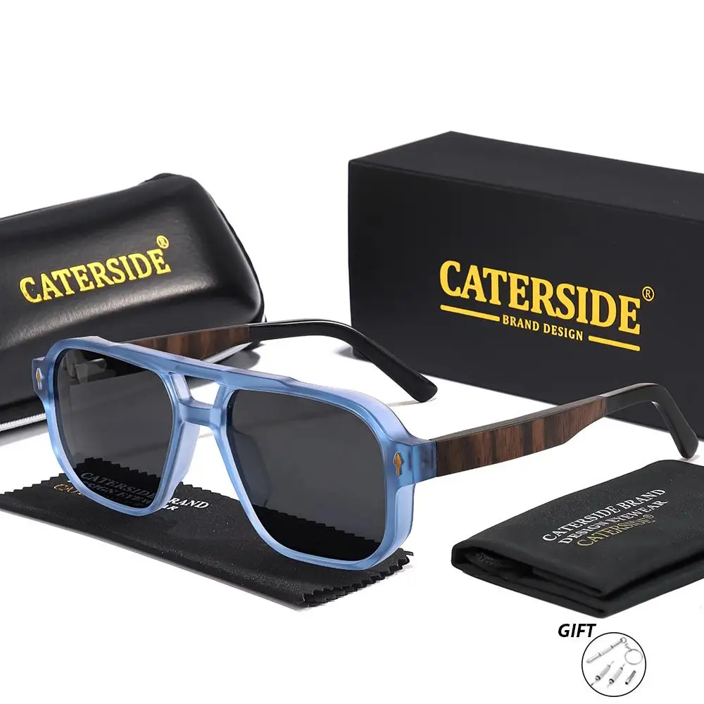CATERSIDE Retro Quadratische Piloten-Sonnenbrille für Herren und Damen mit Holzmaserung-Bügeln, Korrektionsbrille, Luxuriöse Maßanfertigung – Detail 8