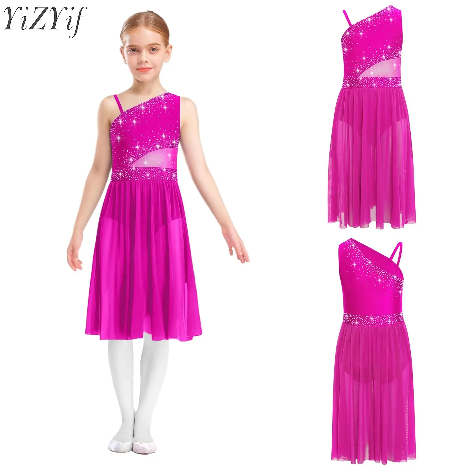 

Kids Girls Rhinestones Ballet Lyrical Dance Dress Figure Skating Ballerina Performance Costume Sleeveless Sheer Mesh Waist Dress