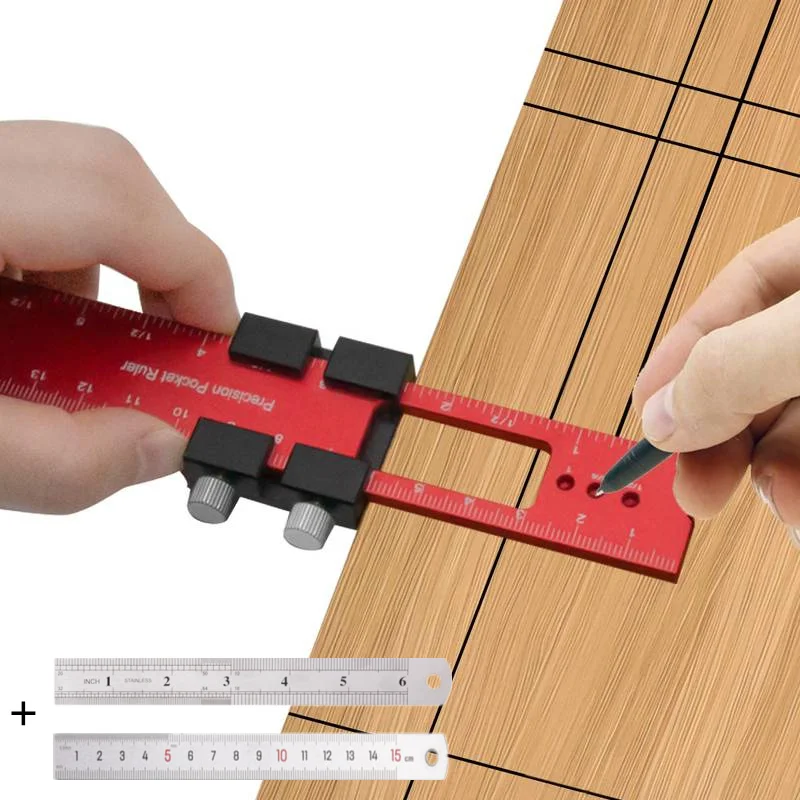 Woodworking Precision Pocket Ruler 300mm Aluminum Slide Ruler Inch And Metric T-Type Scribing Ruler Layout Tool W/ Slide Stops