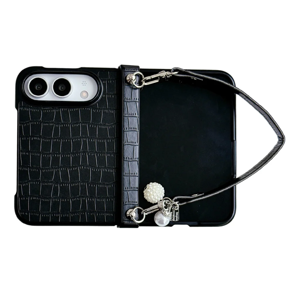 Black Crocodile‑Grain Leather Phone Case For iPhone Ultra Pearl Charm Hand Lanyard Hing Hard Shockproof Slim Phone Shell