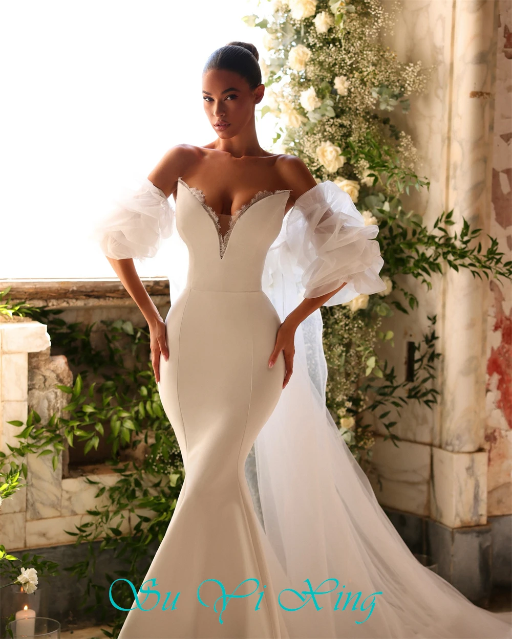 تخصيص كلاسيكي الأبيض جيرسي مساء اللباس الأنيق الخامس الرقبة أكمام فساتين الزفاف حساسة حورية البحر الدانتيل فساتين المشاهير #5