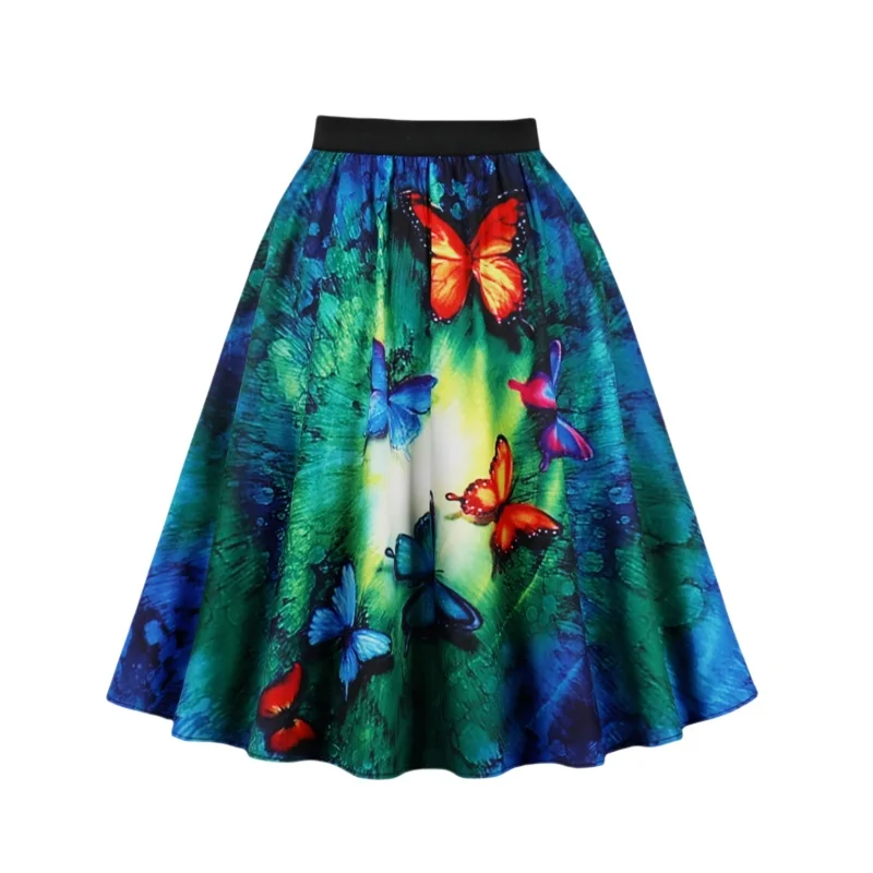 Autumn Elegant Butterfly Flower Print Elastic Waist Casual Party Knee Length Skirt Women's Clothing