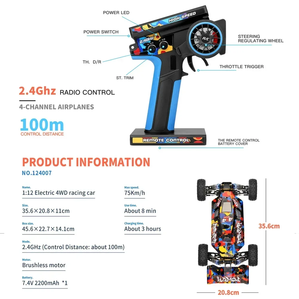 WLtoys 124007 1:12 elektryczny 4WD samochód wyścigowy prędkość 75 km/h RC samochód 2.4G zdalnie sterowany dryf Crawler wbudowany uchwyt na telefon