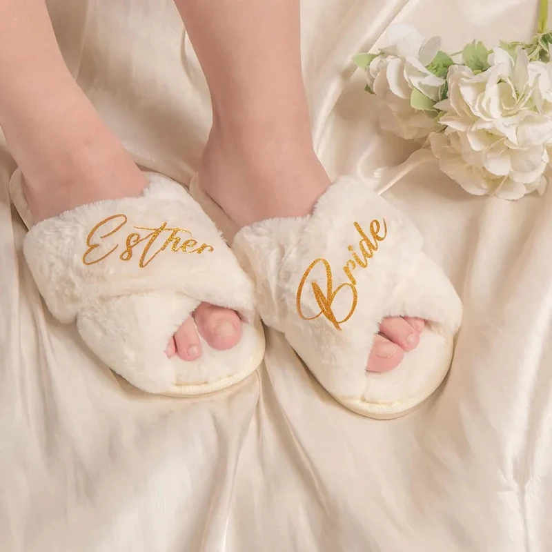 Personalized Bridal Shower Wedding Bachelorette Party Slippers Fuzzy Plush Cross Bridesmaid Fluffy House Spa Slippers For Women