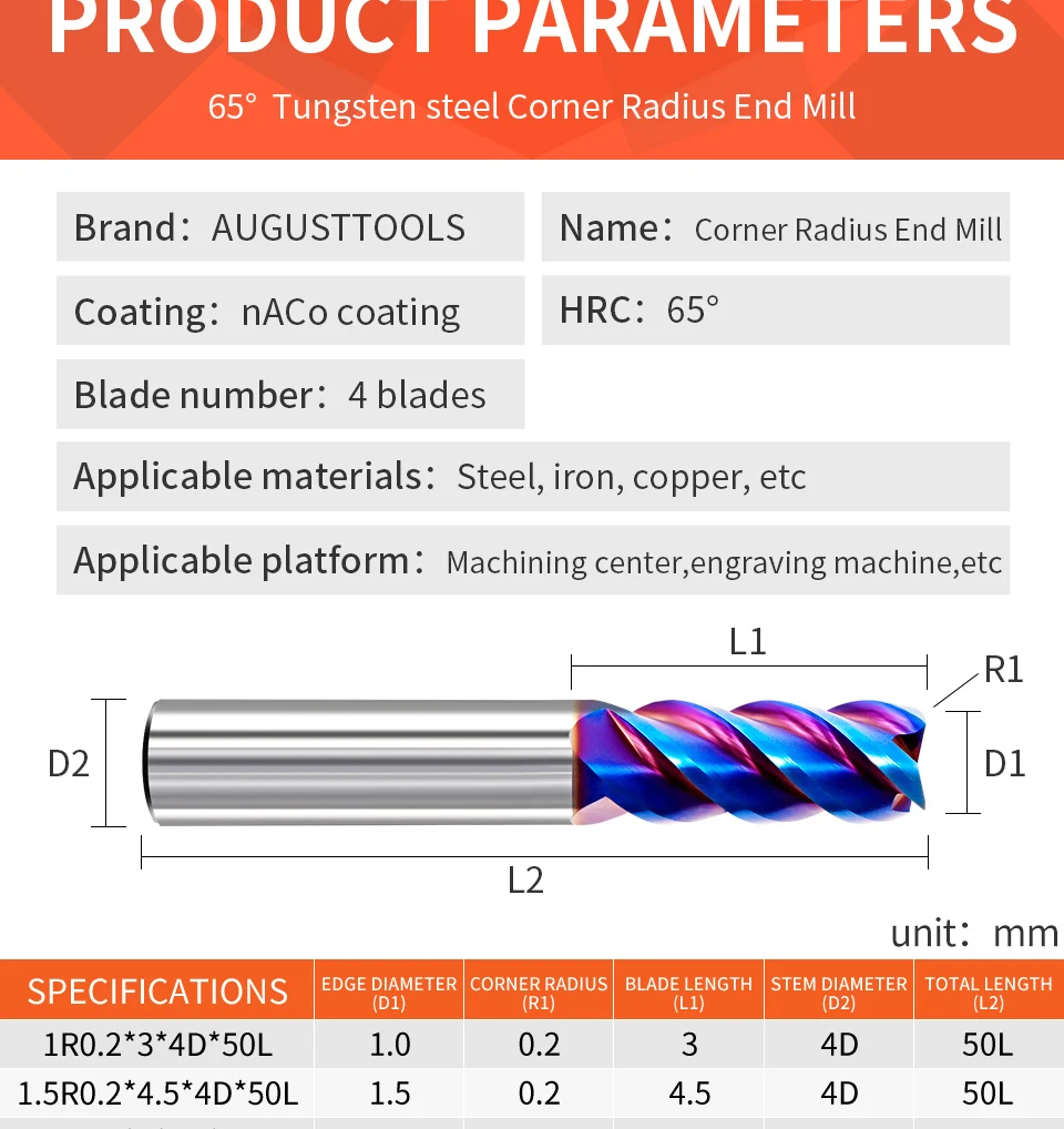 Augusttools HRC65 Eckradius-Schaftfräser, 4 Nuten, Hartmetall-Fräser, CNC-Meteal-Fräswerkzeuge für Edelstahl – Detail 12