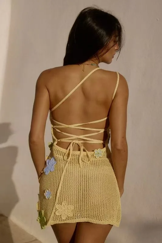 STYLISH LADY ดอกไม้ถักชุดชายหาด 2025 ฤดูร้อนผู้หญิงหนึ่งไหล่ Backless Hollow OUT SWIM Holiday MINI Dresses