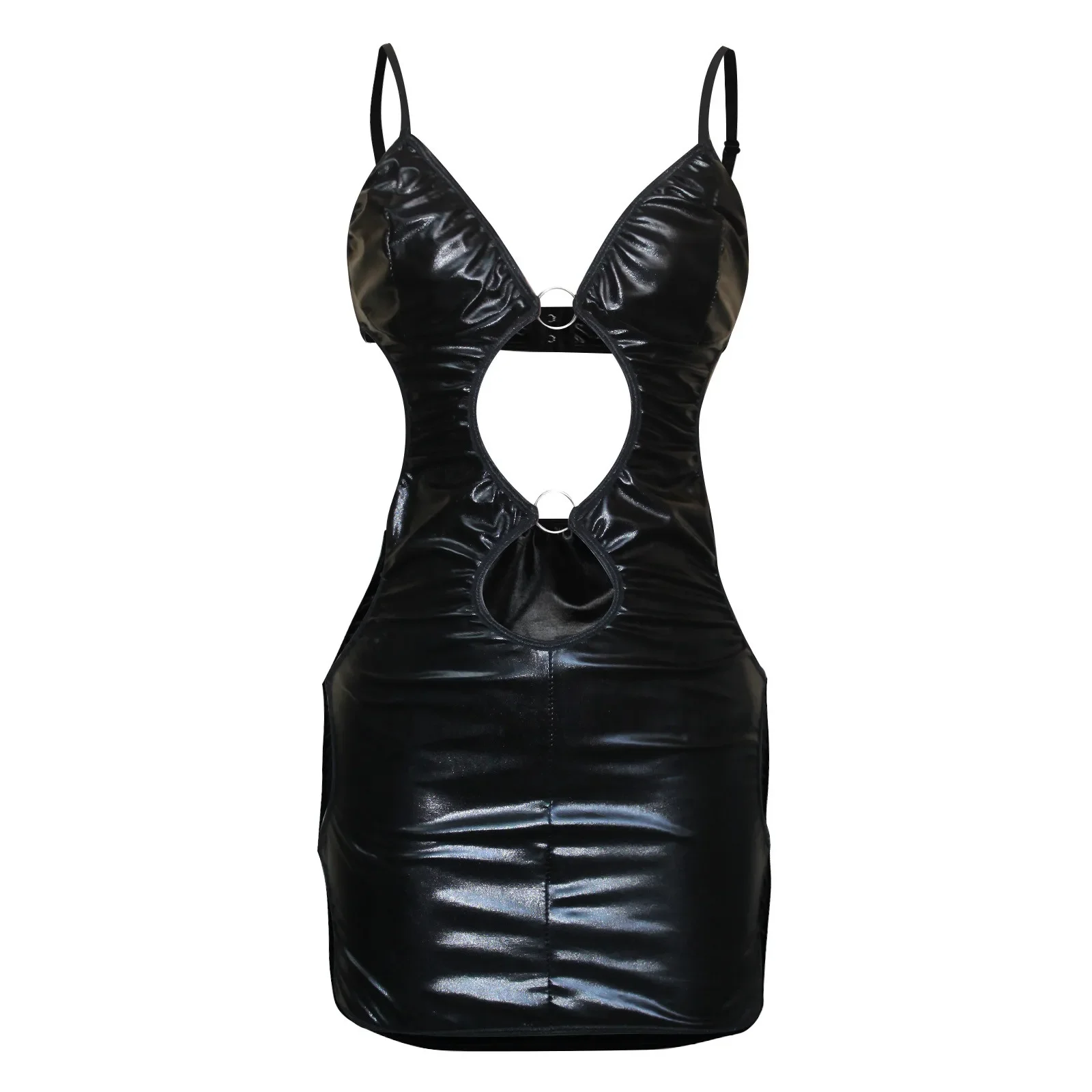 Black PU Leather Mini Dress Women Sexy Lingerie Backless Hollow Out Half Cup Spaghetti Strap Dresses Vestidos Erotic Costume