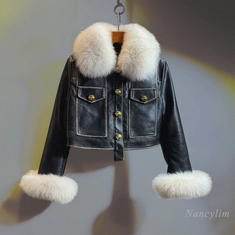 Temperament Black Leather Jacket Women 2024 Winter Real Fox Fur Short High Waist PU Leather Coat Slim-Fitting Coats