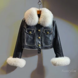 Temperament Schwarz Leder Jacke Frauen 2024 Winter Echt Fox Pelz Kurze Hohe Taille PU Leder Mantel Schlank Anliegende mäntel