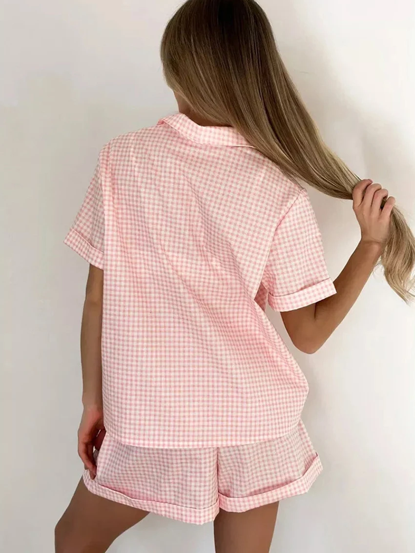 Marthaqiqi Plaid Women'S Sleepwear Set Short Sleeve Nightgowns Sexy Turn-Down Collar Nightwear Shorts Casual Home Clothes Ladies