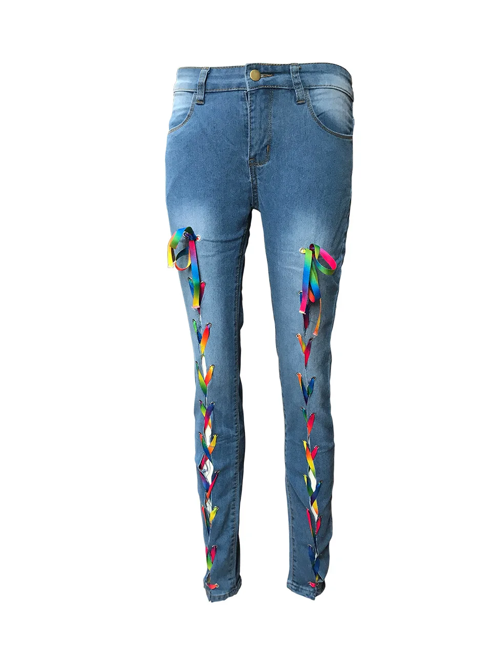 Fashion Casual Lace-Up Colored Rope Denim Trousers Women\'s Jeans Women\'s Clothing