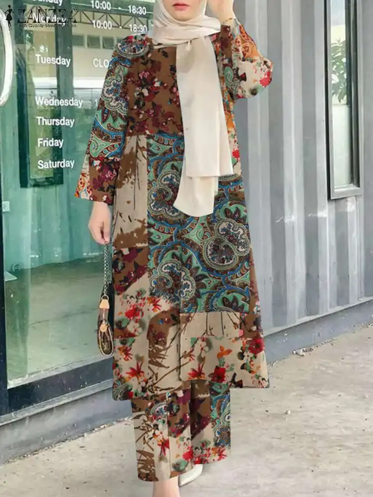 

Bohemian Printed Matching Sets Autumn Blouse Sets ZANZEA Muslim Fashion Abayas For Women Long Sleeve Shirt Pant Sets Tracksuits