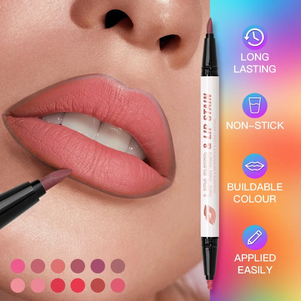 使いやすい6色リップメイク2in1簡単着色リップライナーペンシル両頭アイブロウカラーペンシル女性用