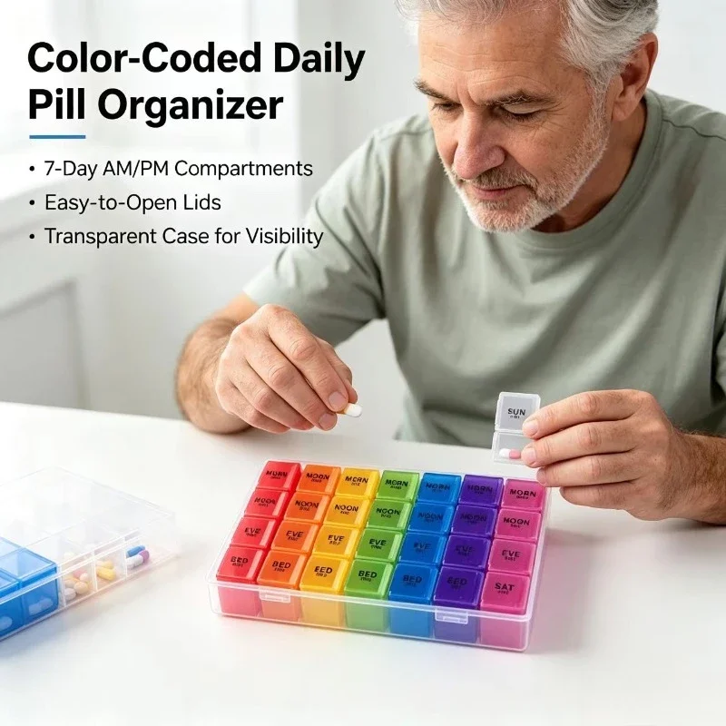 28 Grids Colorful PP Plastic Medicine Box 7 Days a Week Storage for Edible Vitamins Convenient Organizing Case