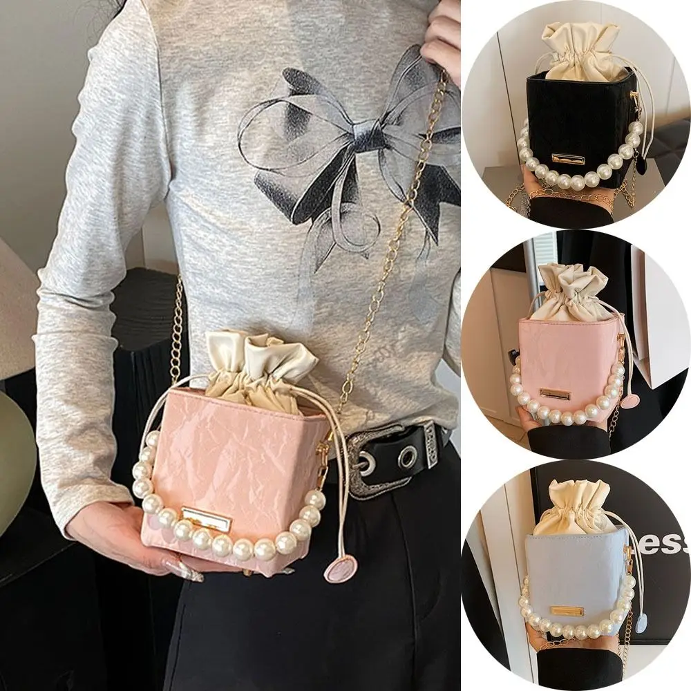 Pearl Waist Bag Fashion Chain Handbag Gifts All-match Drawstring Handbag Vintage Shoulder Crossbody PU Leather Small Square Bag