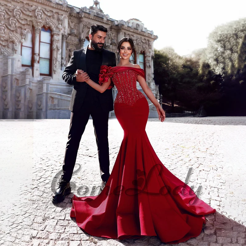 

Comelody Mermaid Special Occasion Dresses For Women Luxury Saudi Arabric Boat Neck Crystals Chapel Train Engagement DropShipping