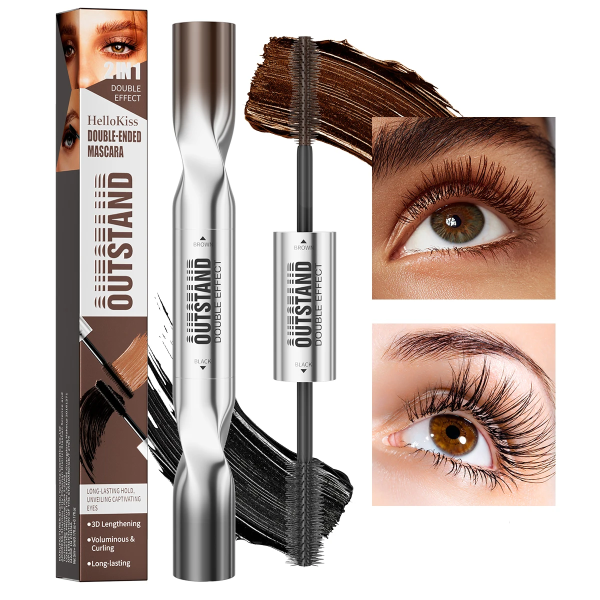 Máscara de pestañas resistente al agua de doble punta, negro y marrón, pestañas duraderas, alargamiento voluminizador para todo tipo de piel, máscara resistente al agua