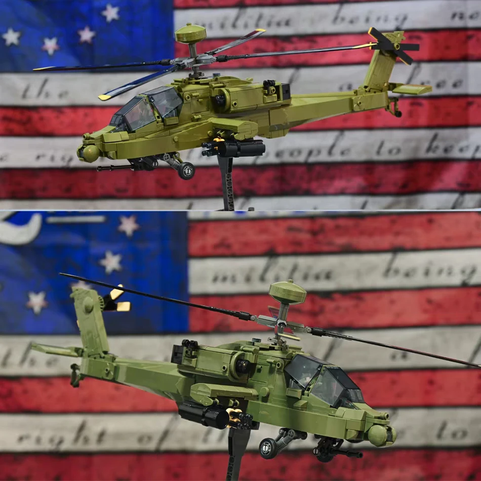 734 PCS Military AH-64 Apache Longbow Gunship Building Blocks US Army Air Force Attack Helicopter with Soldiers Bricks Toys Gift