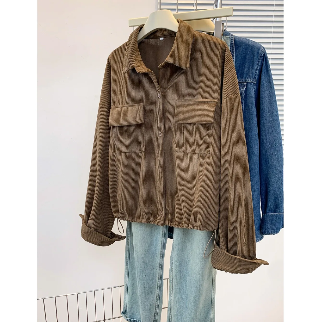 Spring Autumn Vintage Versatile Single Row Button Long Sleeve Turn-down Collar Corduroy Shirt Cardigan Style Women's Top