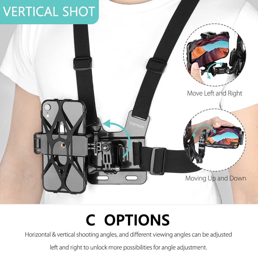 Vamson for iPhone 13 Chest Strap Belt Body Harness Phone Mount for Gopro Hero 10 9 8 Insta360 Dji Camera with Bluetooth Remote