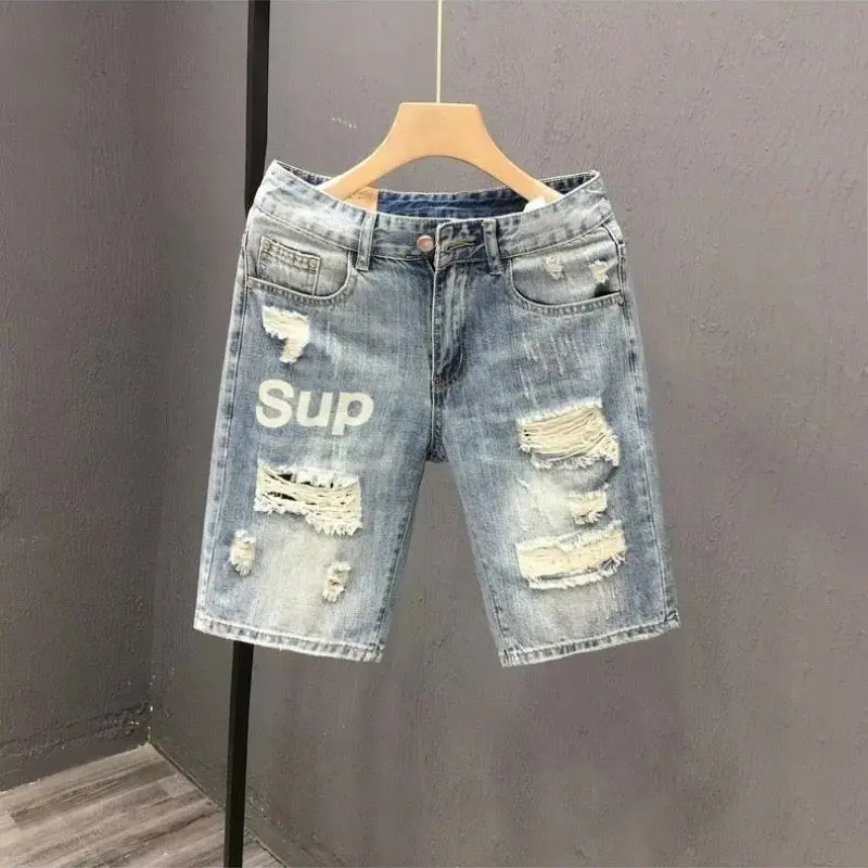 Fashion 2023 Summer Men\'s Blue Casual Solid Denim Jean Shorts with Ripped Holes Wash Designer Clothes Designer Men\'s Jeans