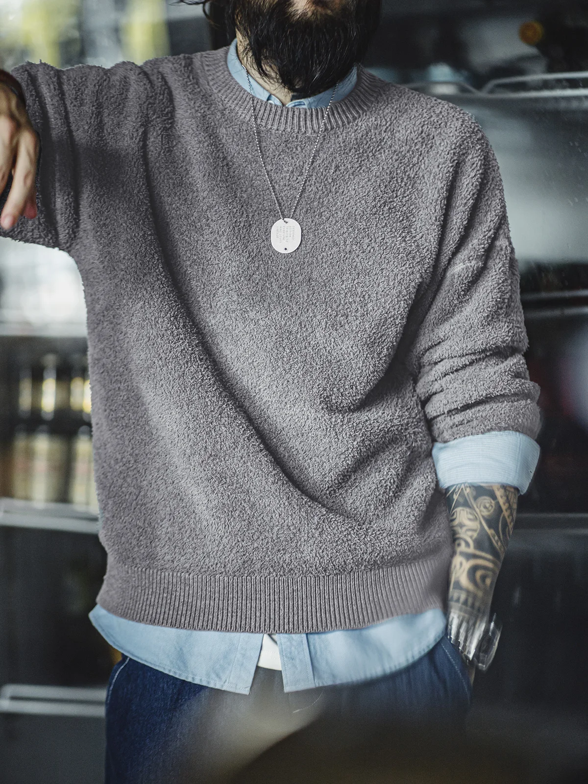 

Maden American Retro f Fce round Ne Sweater Lazy Sle Hooded ey Fce Lined Warm Top Men Autumn Straight Cut Casual