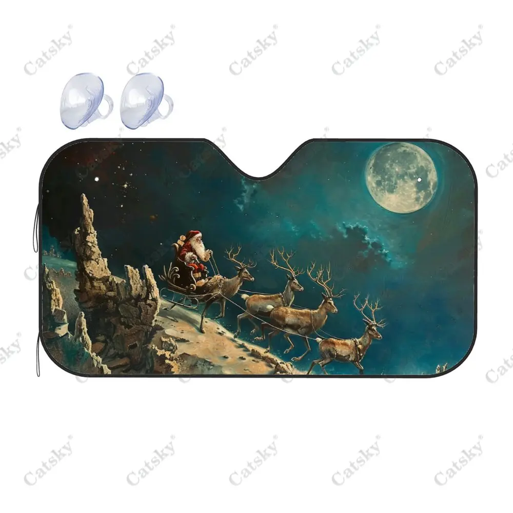 Under The Moonlit Sky, Santa Claus Drives Reindeer To Deliver Gifts Car Windshield Sunshade Sun Visor Blocks Uv Rays Decoration