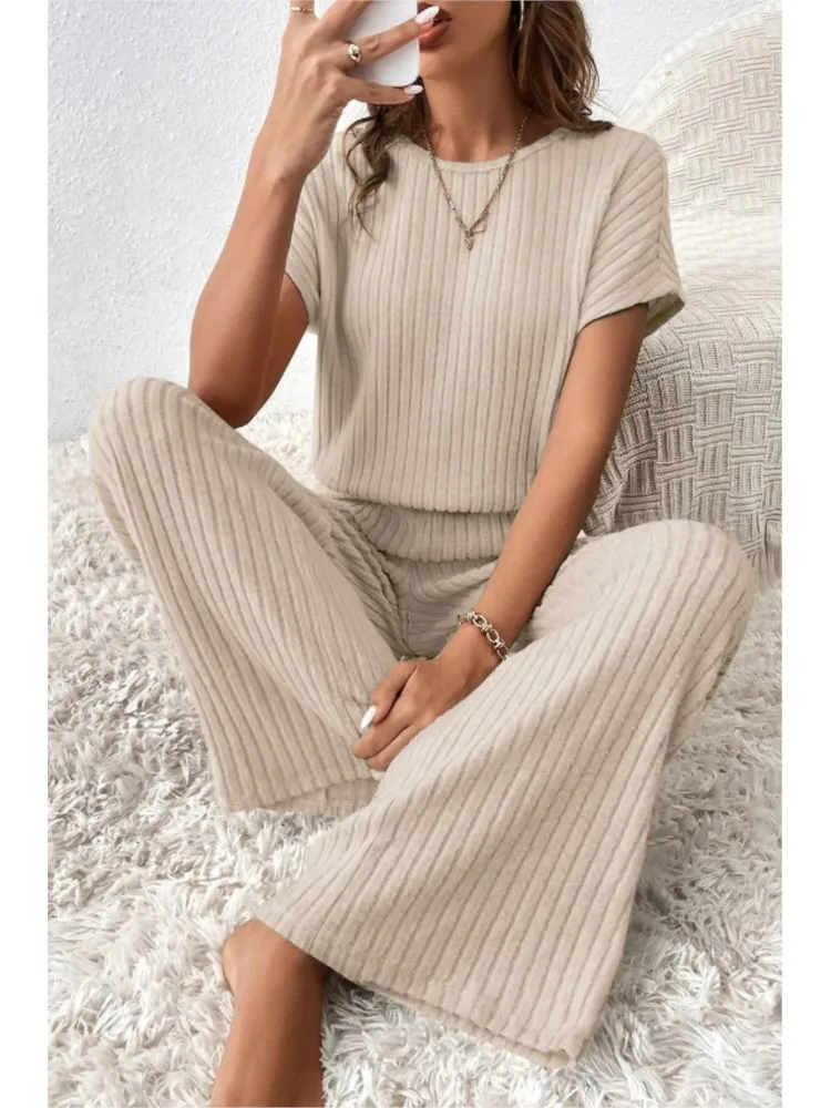 Homewear Long Pant Sets Women Outfits 2024 Summer Autumn Short Sleeve T-shirt Top + Straight Loose Wide Leg Pants 2 Piece Set