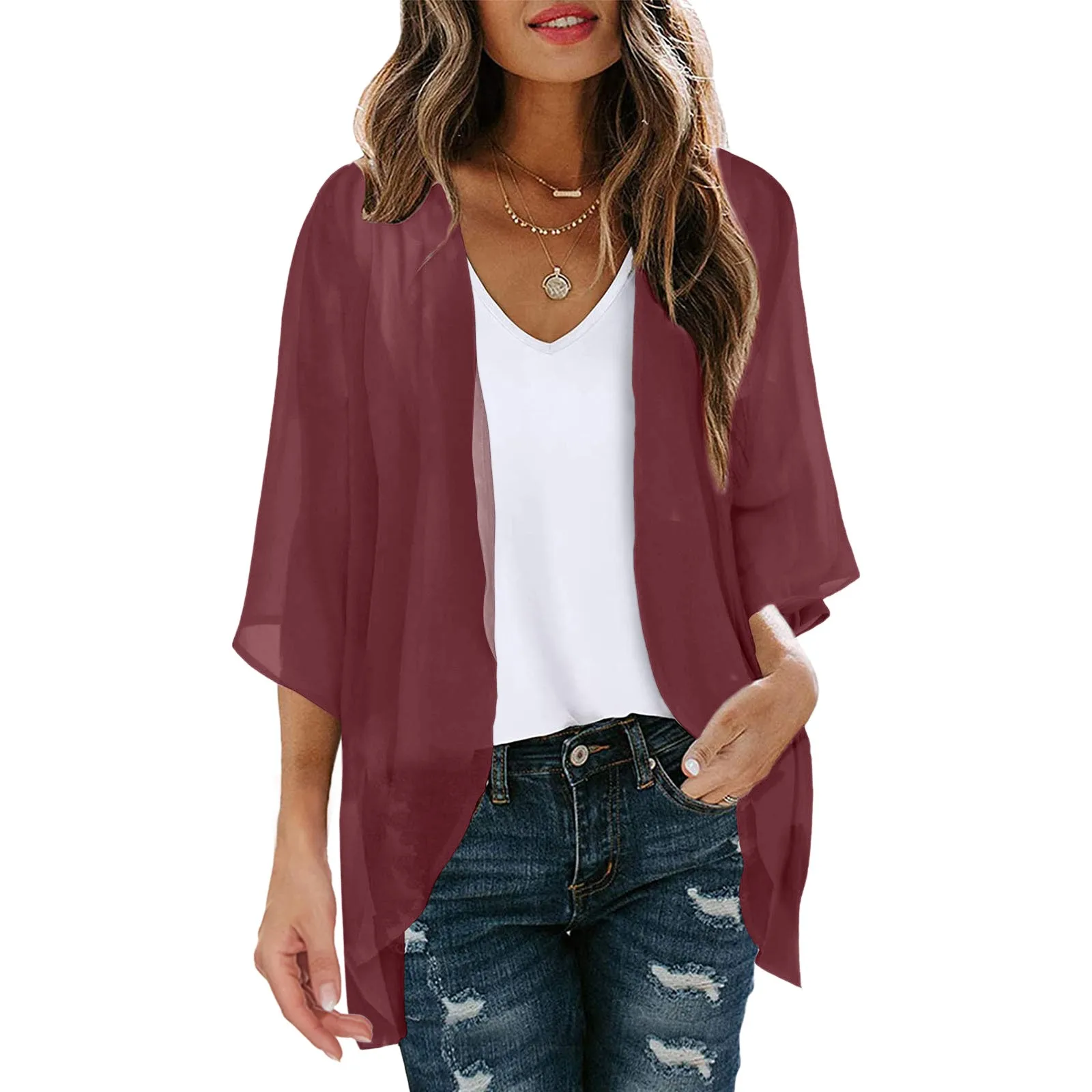 Womens Solid Elegant Puff Sleeve Chiffon Cardigan Loose Cover Up Casual Blouse Tops